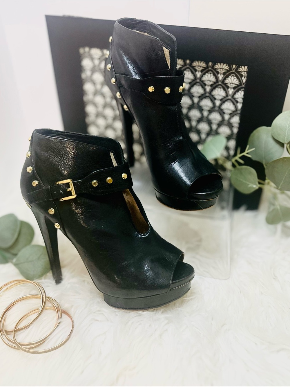 Michael Kors Black Peep-Toe Stiletto Ankle Boots with Gold Studs